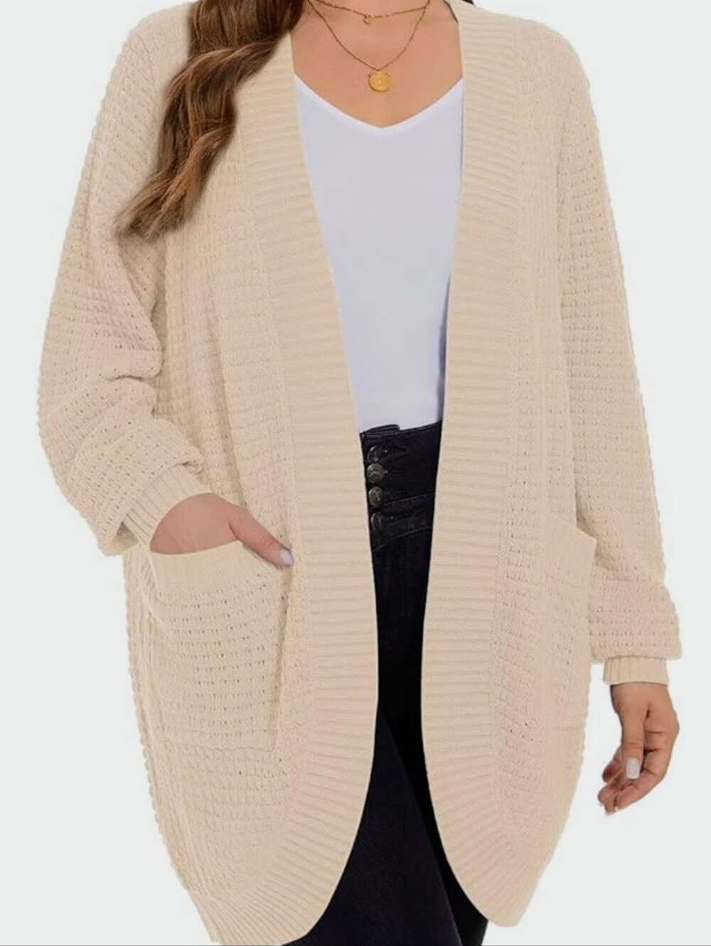 LARA Open-Front Cardigan Sweater in Cream Size 3X